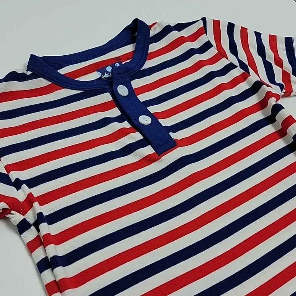 Kickee Pants Henley Romper in Print USA Stripe Red White Blue 3-6M‎ FLAWS